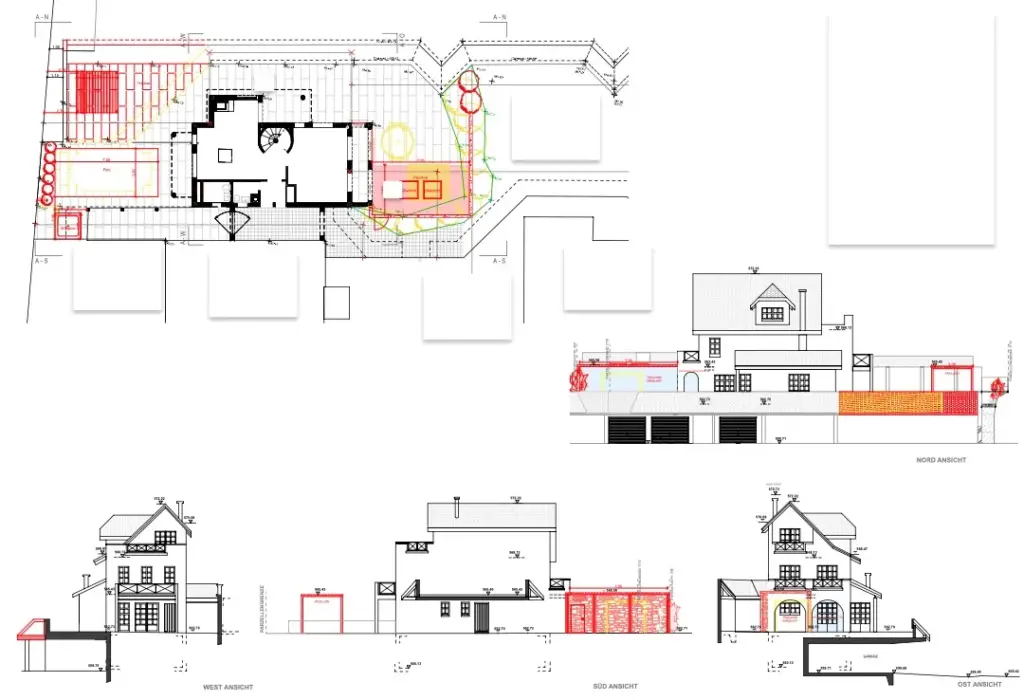Grundriss und Schnitte der Baueingabe der Architekturleistungen für das Bauvorhaben in Wollerau am Zürichsee.