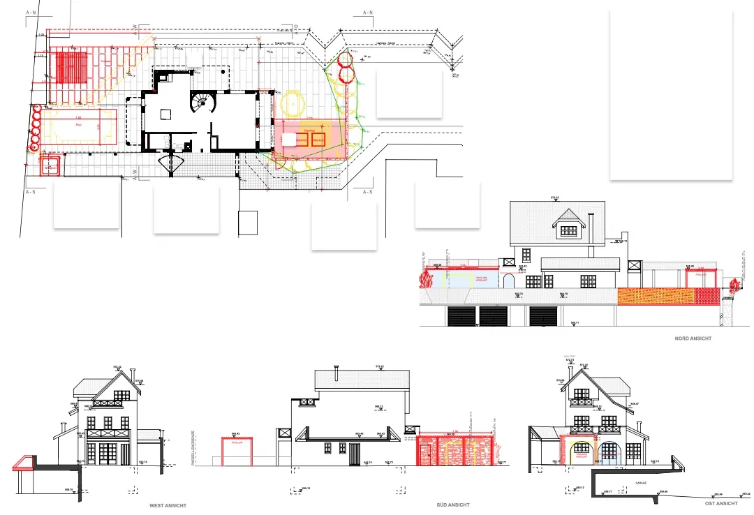 Grundriss und Schnitte der Baueingabe der Architekturleistungen für das Bauvorhaben in Wollerau am Zürichsee.