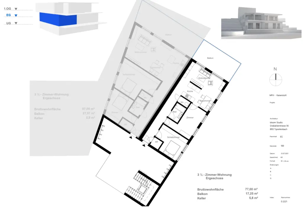 Grundriss und Schnitte der Baueingabe und Visualisierung der Architekturleistungen für das Bauvorhaben in Kaiserstuhl im Kanton Aargau.