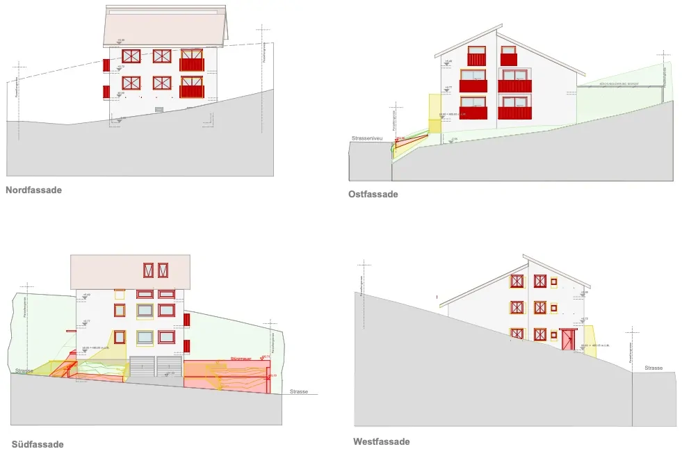 Grundriss und Schnitte der Baueingabe der Architekturleistungen für das Bauvorhaben in Schübelbach bei Schwyz.