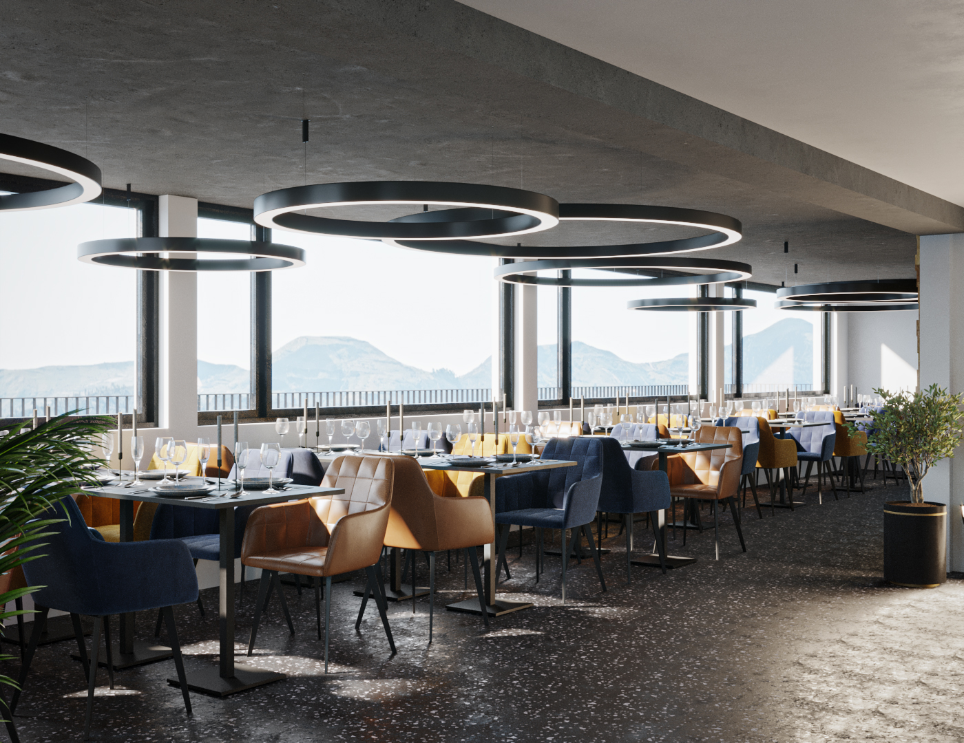 Einzelansicht der Visualisierung der Innenarchitektur und Ladenbau für das Alp Restaurant bei Rüti beim Zürichsee.