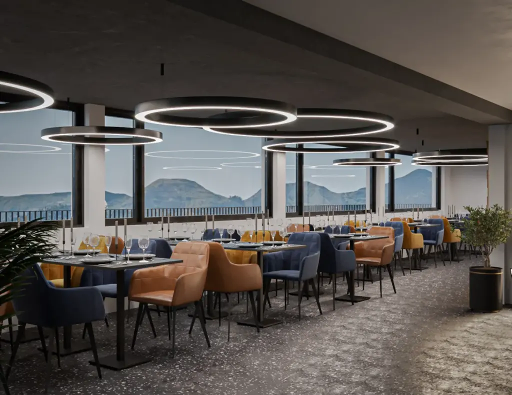 Einzelansicht der Visualisierung der Innenarchitektur und Ladenbau für das Alp Restaurant bei Rüti beim Zürichsee.