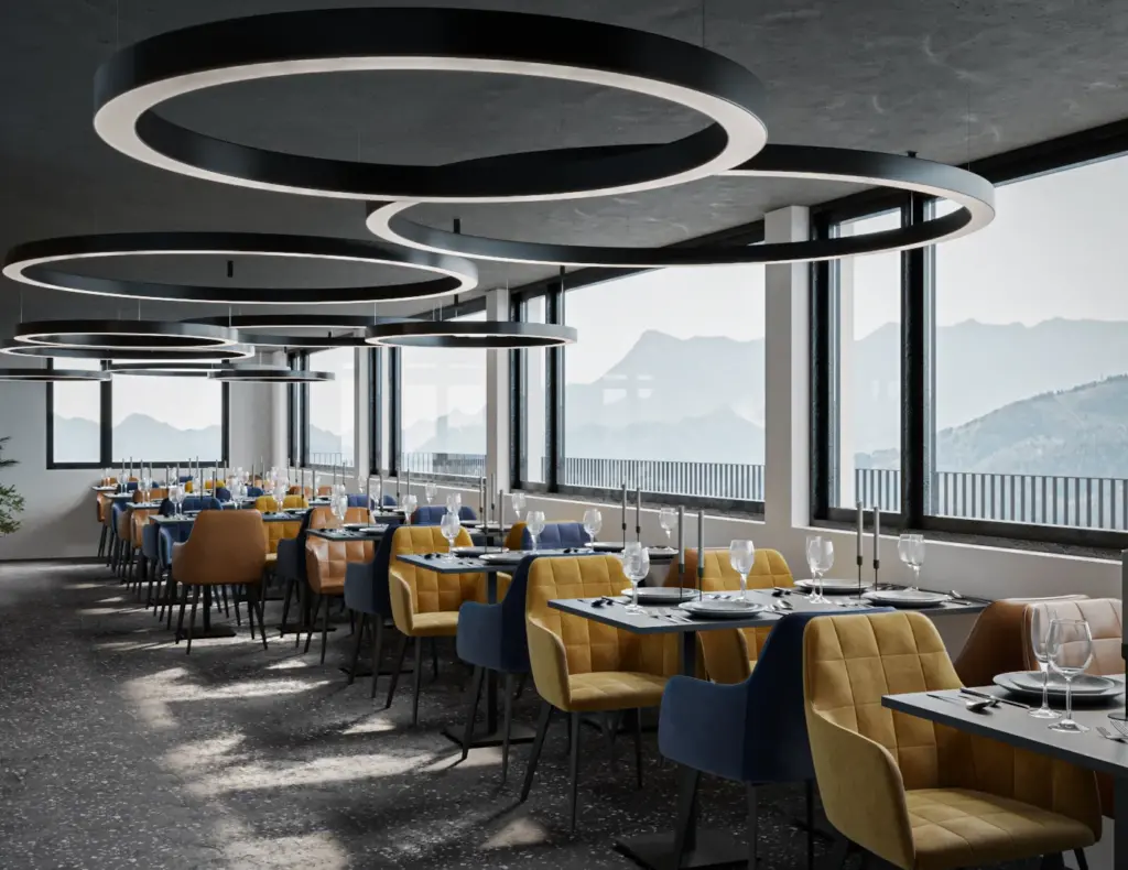 Einzelansicht der Visualisierung der Innenarchitektur und Ladenbau für das Alp Restaurant bei Rüti beim Zürichsee.