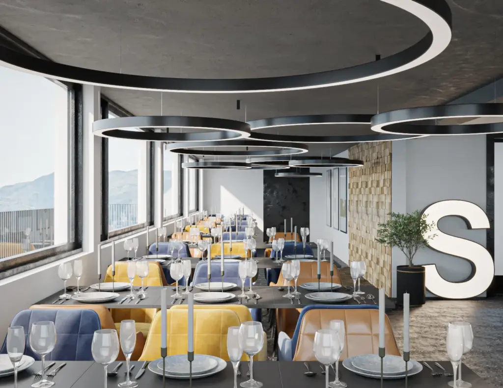 Einzelansicht der Visualisierung der Innenarchitektur und Ladenbau für das Alp Restaurant bei Rüti beim Zürichsee.