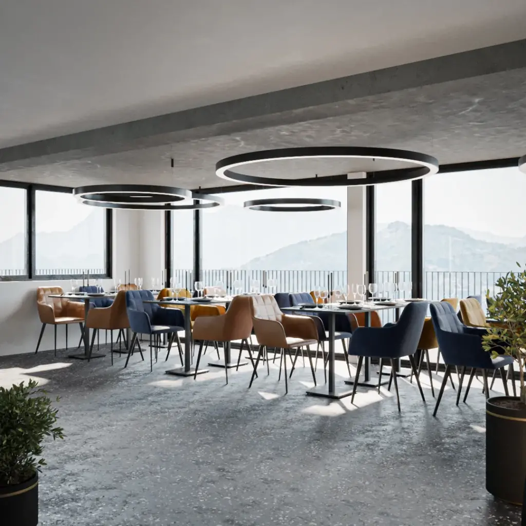 Einzelansicht der Visualisierung der Innenarchitektur und Ladenbau für das Alp Restaurant bei Rüti beim Zürichsee.
