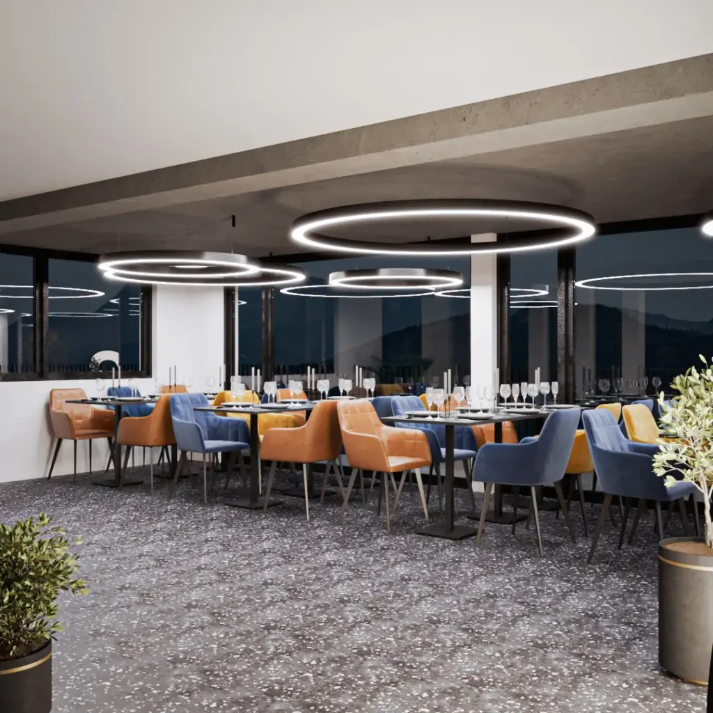 Einzelansicht der Visualisierung der Innenarchitektur und Ladenbau für das Alp Restaurant bei Rüti beim Zürichsee.