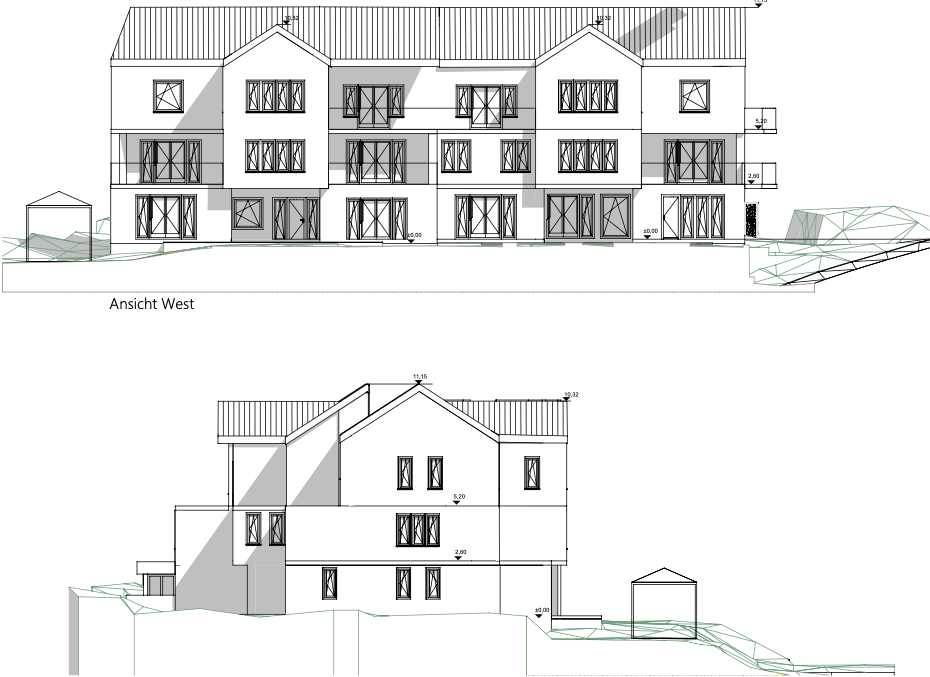 Grundriss und Schnitte der Baueingabe der Architekturleistungen für das Bauvorhaben in Erlenbach bei Zürich.