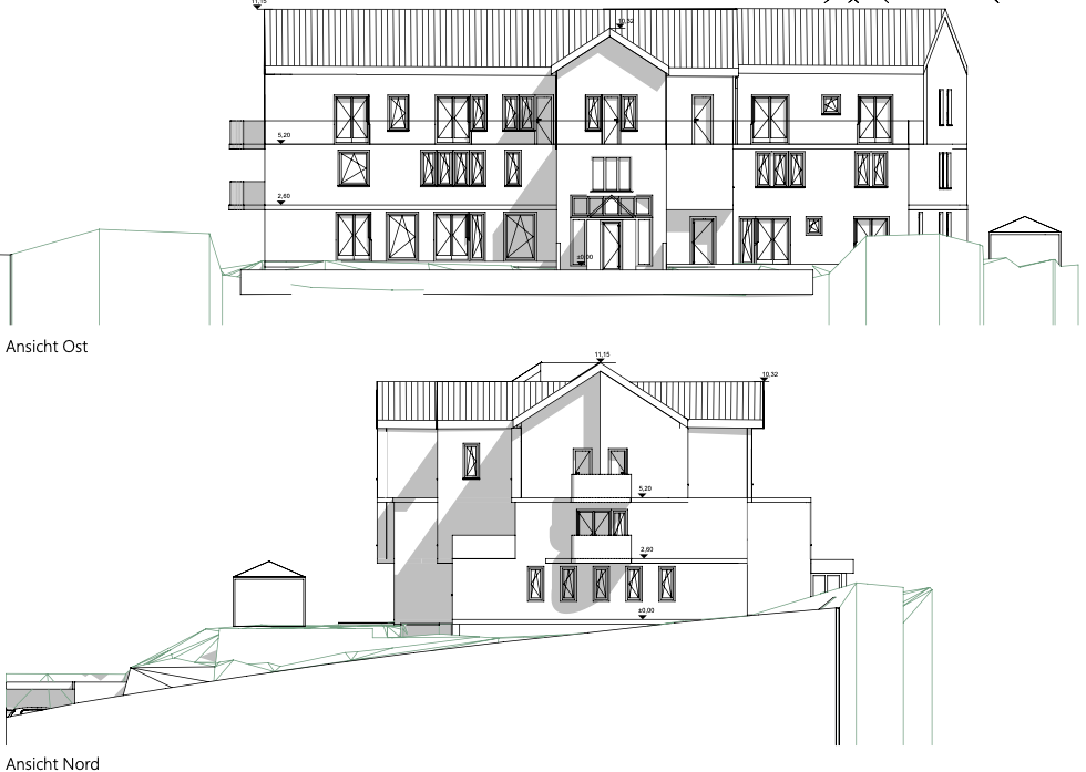 Grundriss und Schnitte der Baueingabe der Architekturleistungen für das Bauvorhaben in Erlenbach bei Zürich.