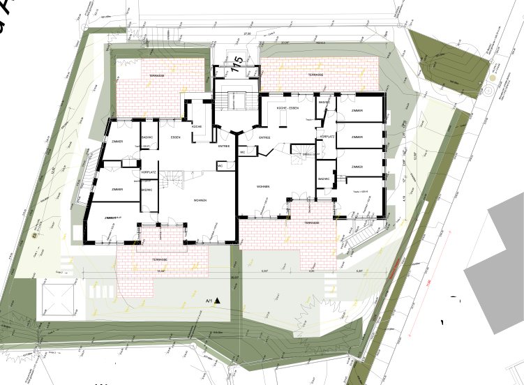 Grundriss der Baueingabe der Architekturleistungen für das Bauvorhaben in Erlenbach bei Zürich.