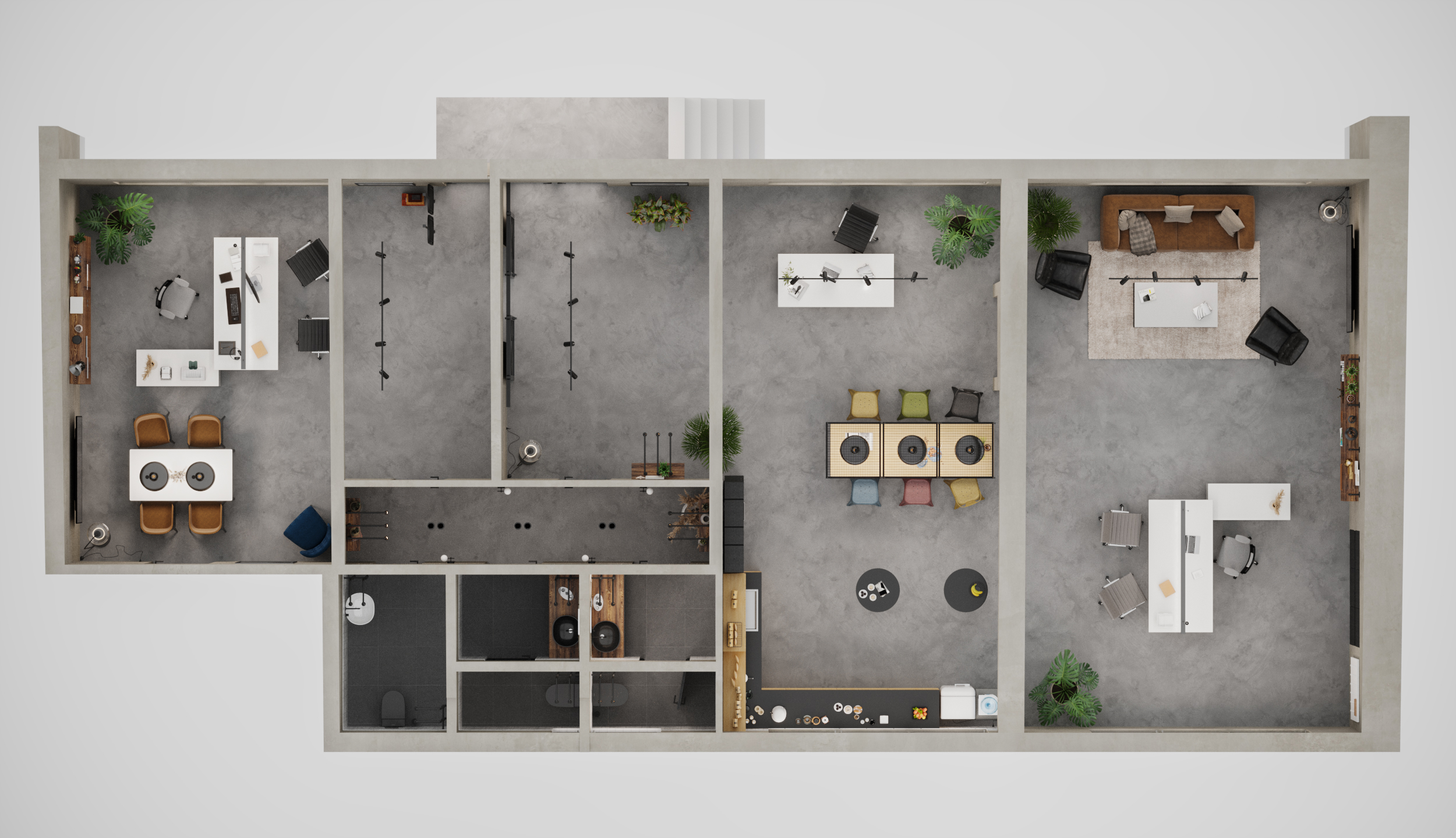 Grundriss der Visualisierung der Innenarchitektur und Ladenbau für das Büro in Fahrweid bei Dietikon im Limmattal.