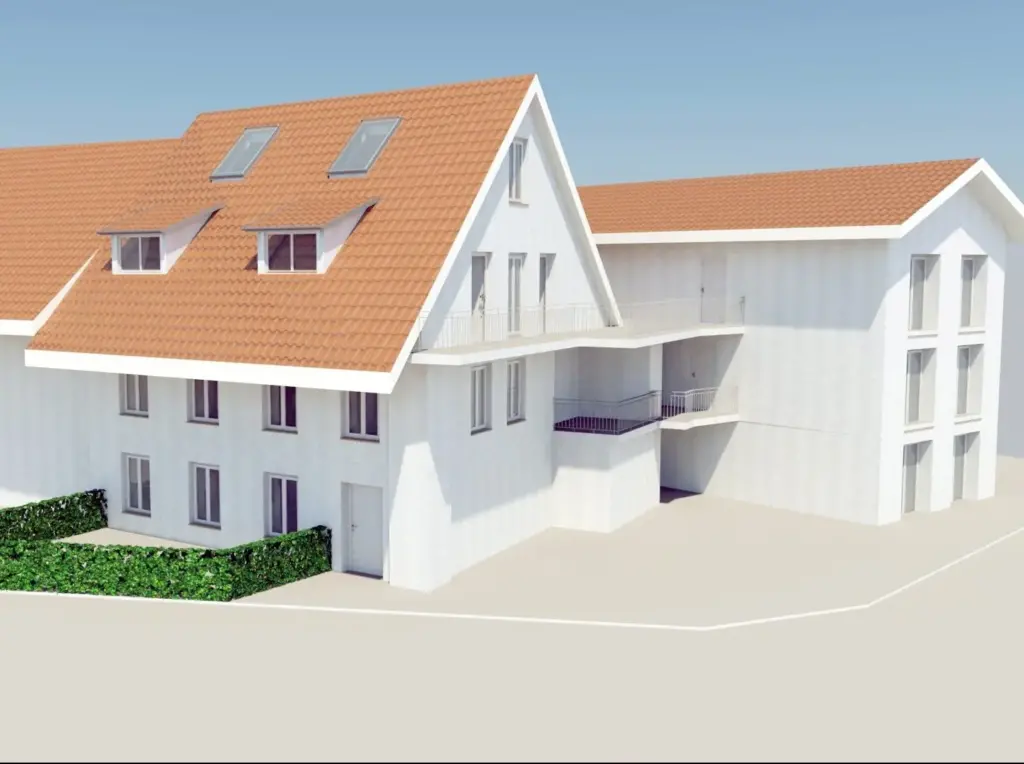 3D-Modell des Mehrfamilienhauses mit Ziegeldach, Gauben und Anbau