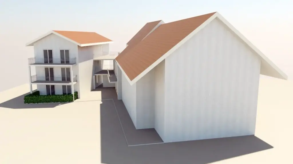 3D-Modell mit Blick auf den Anbau und das bestehende Wohnhaus dahinter