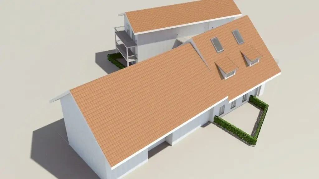 3D-Modell der Gesamtanlage von oben mit Dachflächen und Hofzufahrt