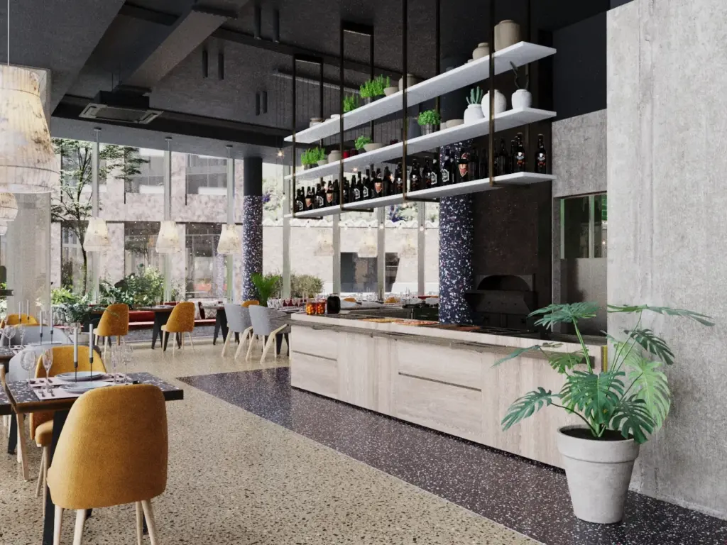 Restaurantbereich mit Terrazzoboden, Bar und Regal mit Weinflaschen