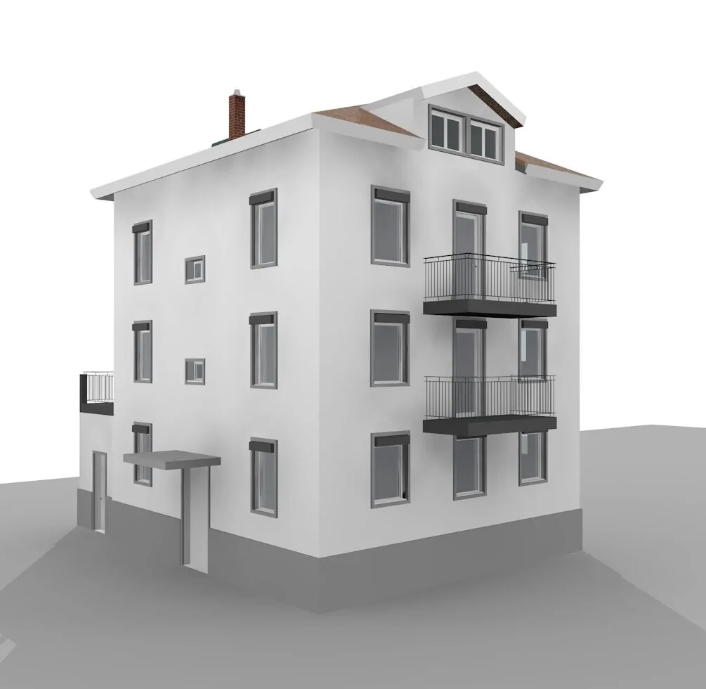 3D-Modell des dreigeschossigen Mehrfamilienhauses mit Balkonen und Dachgaube