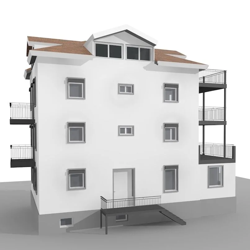 3D-Modell der Rückfassade mit Balkonschicht und Dachaufbau