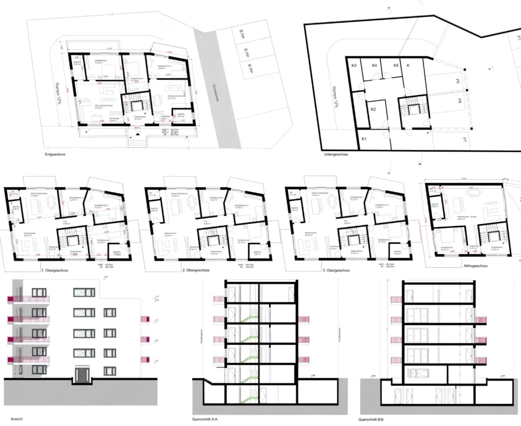 Planzeichnungen des Mehrfamilienhauses: Grundrisse, Fassade und Schnitte