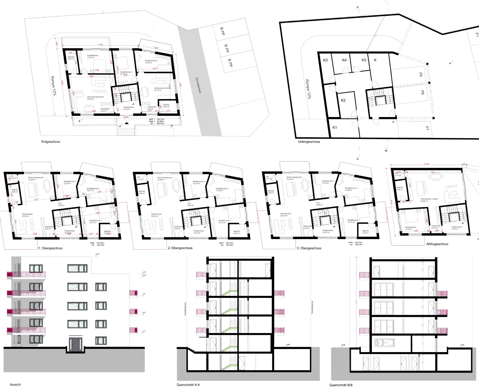 Planzeichnungen des Mehrfamilienhauses: Grundrisse, Fassade und Schnitte