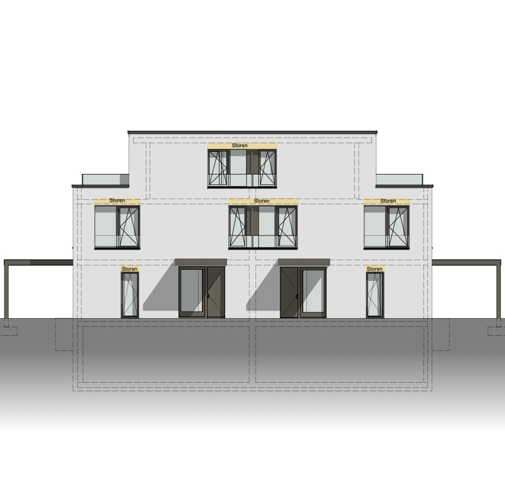 Fassadenplan des Doppeleinfamilienhauses mit Fensterachsen und Vordach