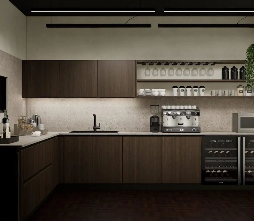 Küchenzeile mit dunklen Holzfronten, Weinkühlschrank und Gläserregal