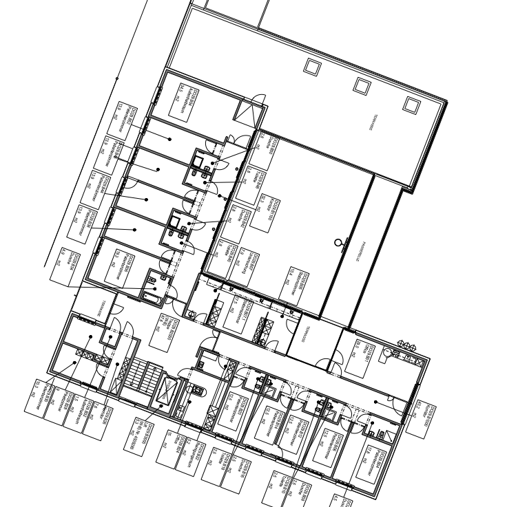 Grundrissplan eines Geschosses mit Zimmern und Erschliessungsachsen
