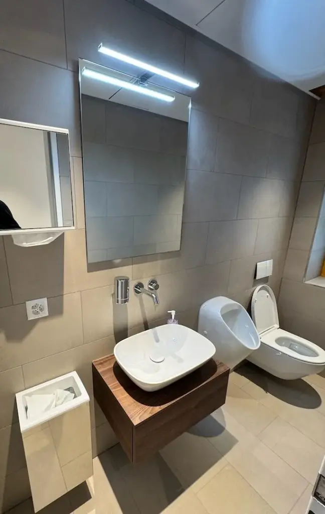Neues WC mit Aufsatzwaschtisch, Spiegel und grossformatigen Fliesen