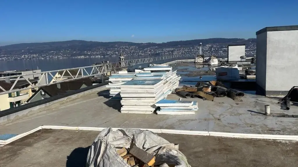 Flachdach mit neuen Lichtkuppeln und Blick auf den Zürichsee